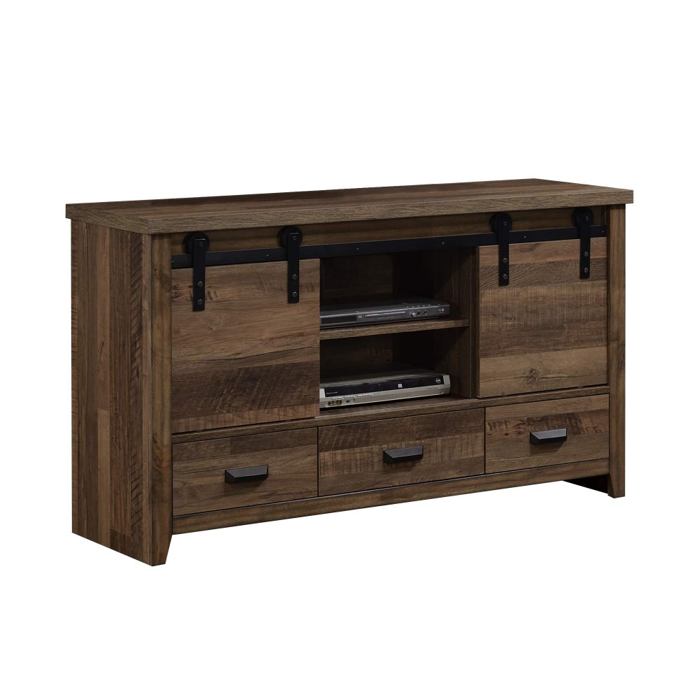 Benjara Wooden Chest With Sliding Barn Door And Open Shelves, Brown