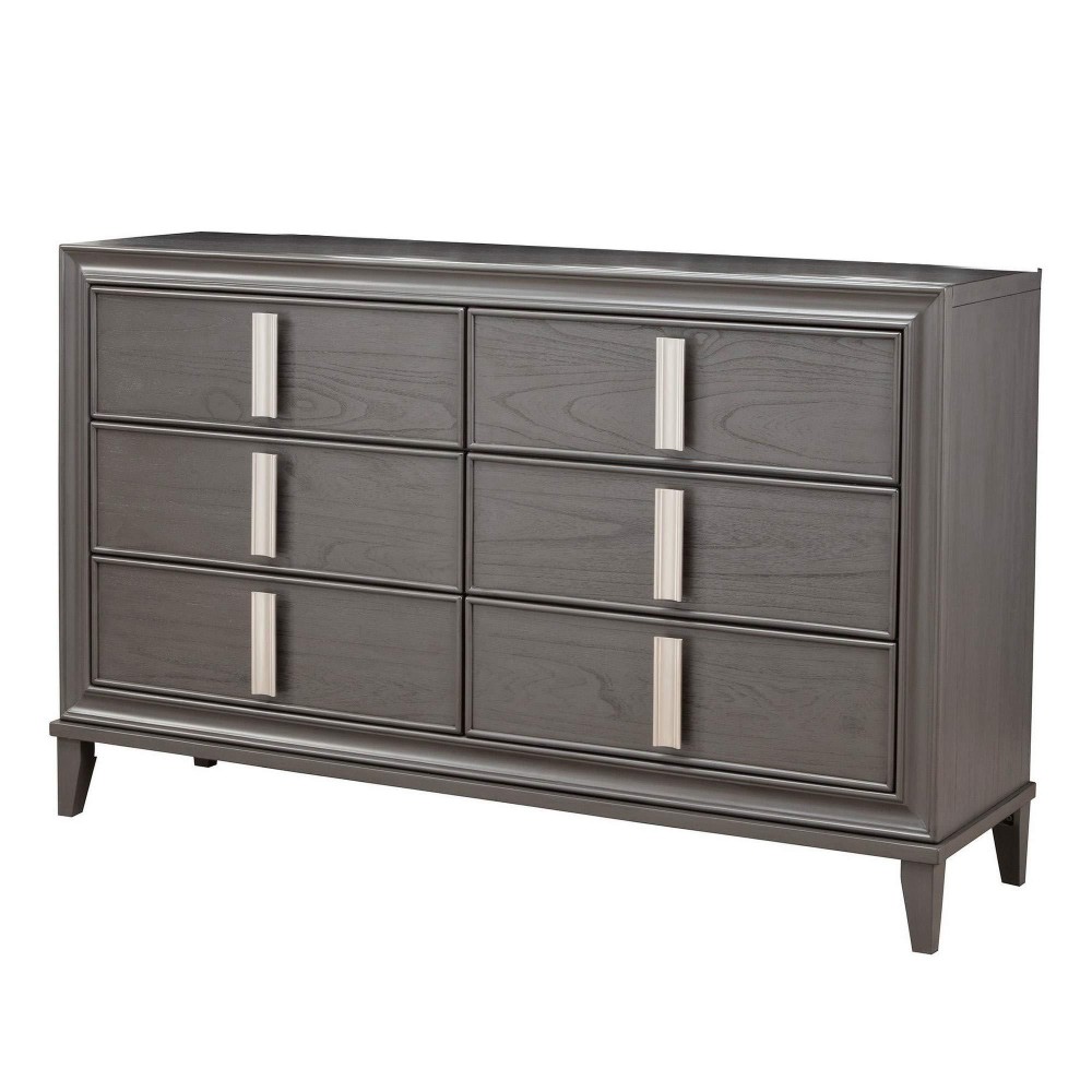 Benjara 6 Drawer Transitional Style Wood Dresser With Metal Pulls, Gray