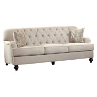 Benjara Button Tufted Wooden Sofa With 2 Accent Pillows, Beige