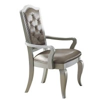 Benjara Wooden Arm Chair With Leatherette Button Tufted Backrest, Set Of 2, Silver