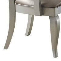 Benjara Wooden Arm Chair With Leatherette Button Tufted Backrest, Set Of 2, Silver