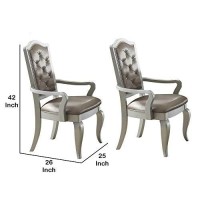 Benjara Wooden Arm Chair With Leatherette Button Tufted Backrest, Set Of 2, Silver