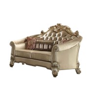 Benjara Leatherette Crown Top Loveseat With Pillows And Scrolled Legs, Gold