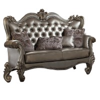 Benjara Scalloped Trim Button Tufted Leatherette Loveseat With Scrolled Legs, Gray