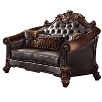 Benjara Leatherette Crown Top Loveseat With Pillows And Scrolled Legs, Brown
