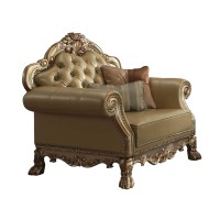 Benjara Traditional Button Tufted Leatherette Chair With Carved Details, Gold