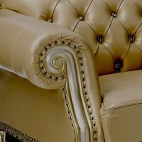 Benjara Traditional Button Tufted Leatherette Chair With Carved Details, Gold