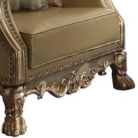 Benjara Traditional Button Tufted Leatherette Chair With Carved Details, Gold