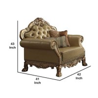 Benjara Traditional Button Tufted Leatherette Chair With Carved Details, Gold