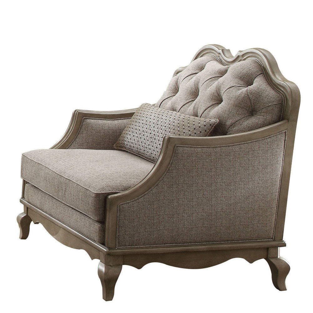 Benjara Button Tufted Camel Back Chair With Pillows And Scalloped Trim Arms, Gray