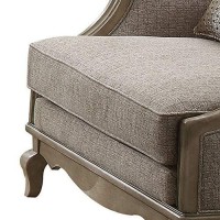 Benjara Button Tufted Camel Back Chair With Pillows And Scalloped Trim Arms, Gray