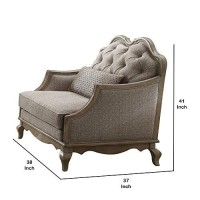 Benjara Button Tufted Camel Back Chair With Pillows And Scalloped Trim Arms, Gray