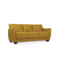 Benjara Leather Upholstered Sofa With Tapered Block Feet And Flared Arms, Yellow