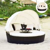 Tangkula Patio Round Daybed With Retractable Canopy, Outdoor Wicker Rattan Furniture Sets, Sectional Cushioned Sofa Set W/Height Adjustable Coffee Table, Rattan Conversation Sets (Beige)