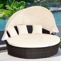 Tangkula Patio Round Daybed With Retractable Canopy, Outdoor Wicker Rattan Furniture Sets, Sectional Cushioned Sofa Set W/Height Adjustable Coffee Table, Rattan Conversation Sets (Beige)