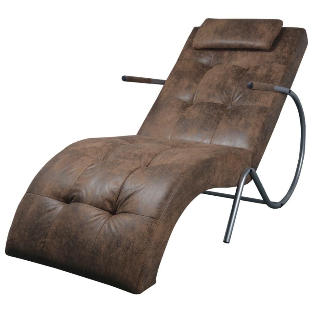vidaXL Chaise Longue, Chaise Lounge Chair with Pillow, Relaxation Sofa Chair Upholstered, Indoor Lounger, Retro Style, Brown Suede Look Fabric