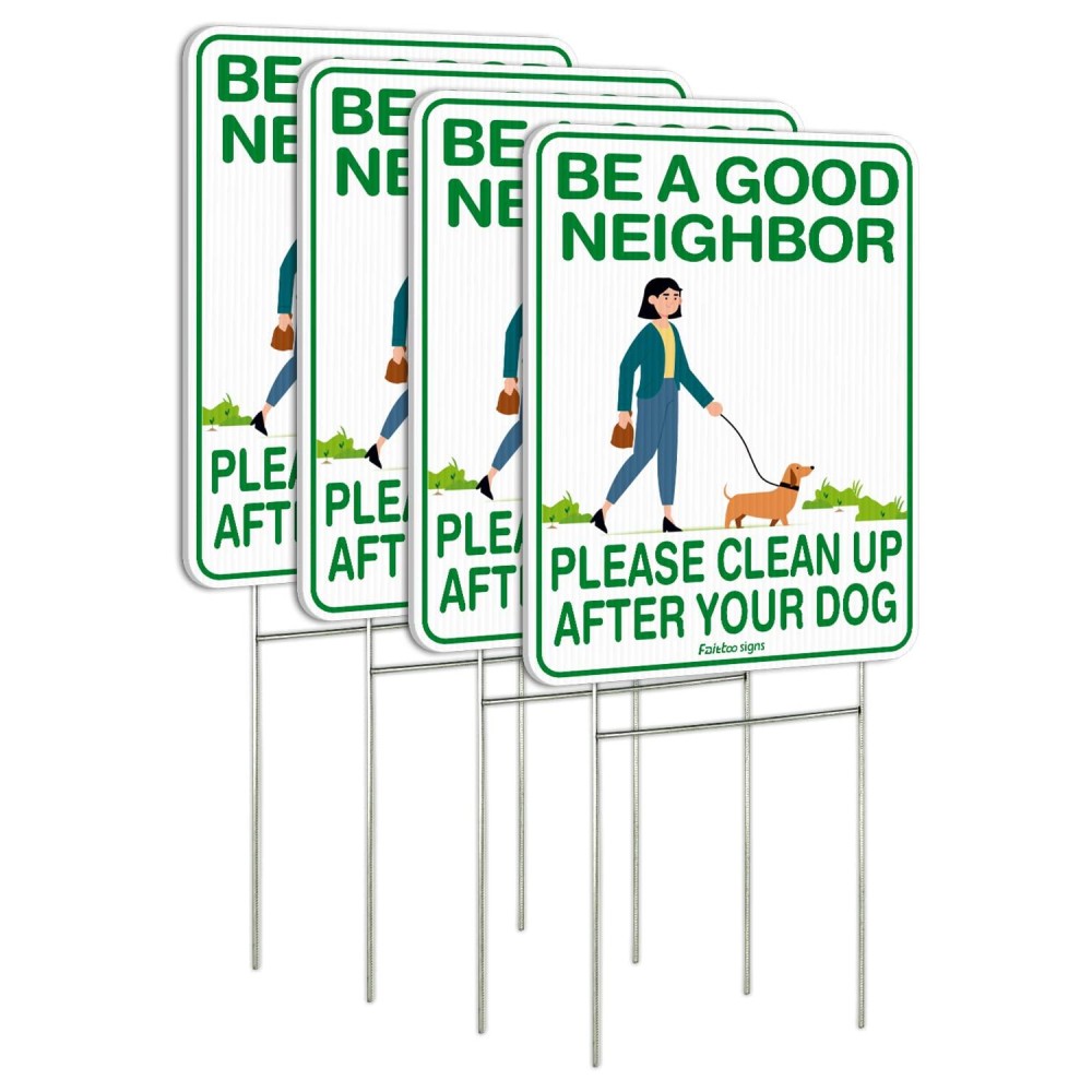 Faittoo Clean Up After Your Dog Signs 4 Pack 12X9 Double Sided With Metal Hstake No Poop Signs For Lawn No Pooping Dog Sign