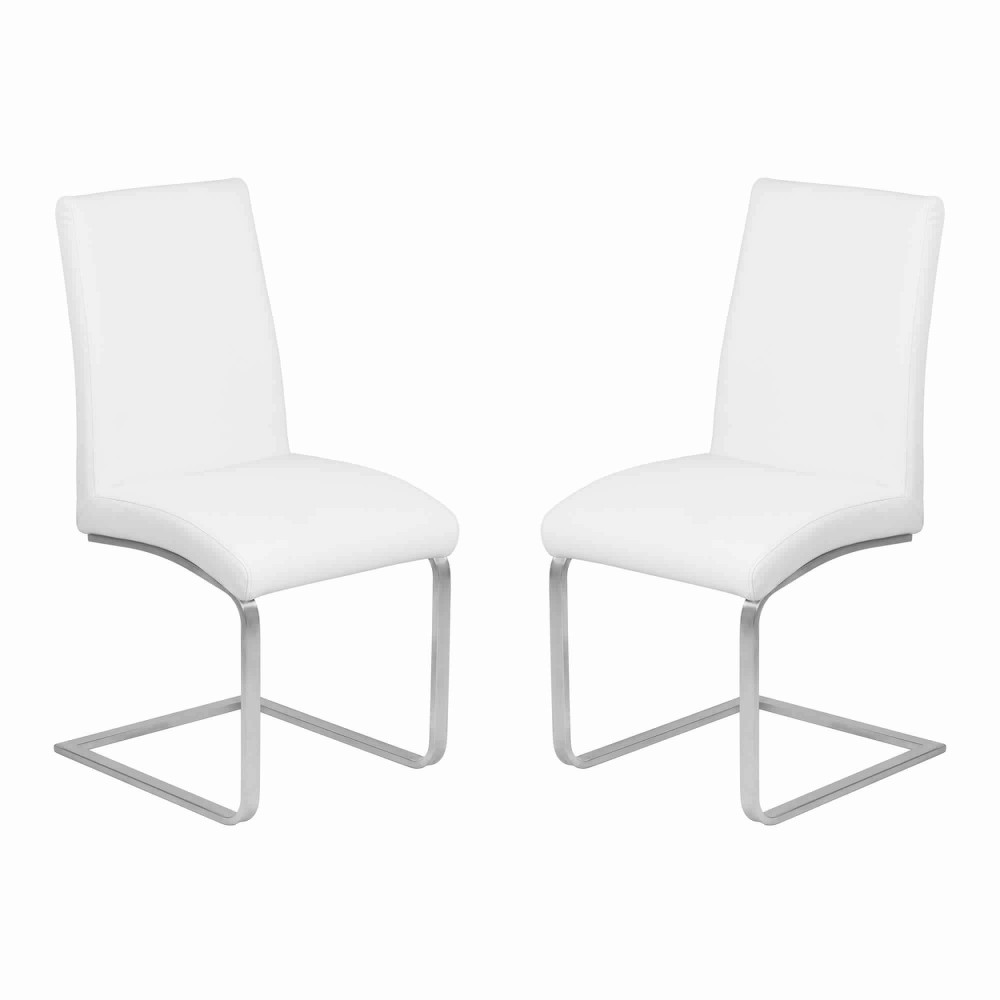 Benjara Leatherette Dining Chair With Cantilever Base, Set Of 2, White And Silver