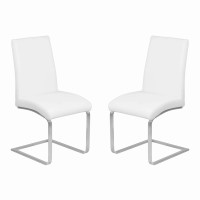 Benjara Leatherette Dining Chair With Cantilever Base, Set Of 2, White And Silver