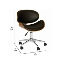 Benjara Curved Leatherette Wooden Frame Swivel Office Chair, Brown And Black