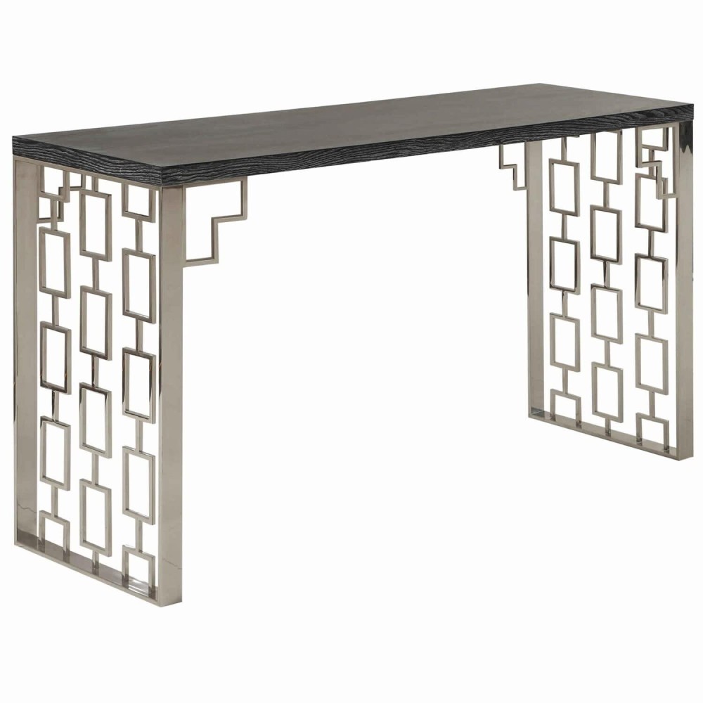 Benjara Wooden Top Metal Console Table With Lattice Cut Side Panel, Gray And Silver