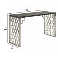 Benjara Wooden Top Metal Console Table With Lattice Cut Side Panel, Gray And Silver