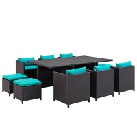 6 Chair And 4 Ottoman Wicker Patio Set With Rectangular Table,Blue And Gray