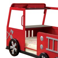 Metal Fire Truck Design Twin Bed with Hidden Storage, Red and Black