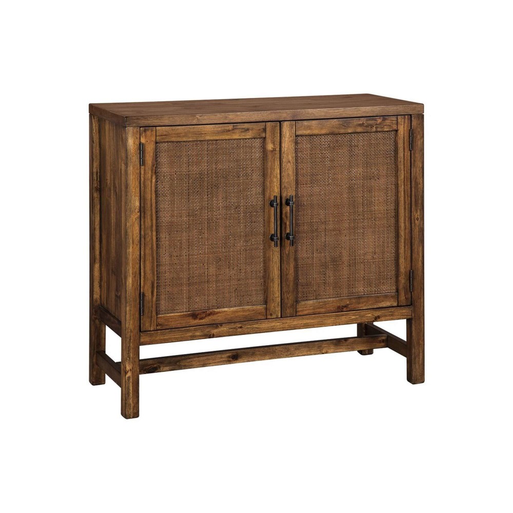 Benjara 1 Double Door Storage Wooden Accent Cabinet With Woven Front, Brown