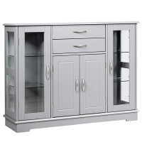 Giantex Sideboard Buffet Server Storage Cabinet W/ 2 Drawers, 3 Cabinets And Glass Doors For Kitchen Dining Room Furniture Cupboard Console Table (Gray)