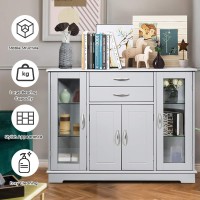 Giantex Sideboard Buffet Server Storage Cabinet W/ 2 Drawers, 3 Cabinets And Glass Doors For Kitchen Dining Room Furniture Cupboard Console Table (Gray)