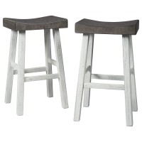 Benjara 31 Inch Wooden Saddle Stool With Angular Legs, Set Of 2, Brown, White