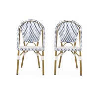 Christopher Knight Home Philomena Outdoor French Bistro Chair (Set Of 2), Blue + White + Bamboo Print Finish