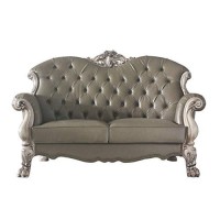 Benjara Traditional Leatherette Loveseat With Button Tufted And Carved Details, Gray
