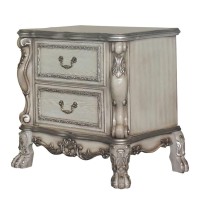 Benjara Traditional Wooden Nightstand With 2 Drawers And Carved Details, Silver