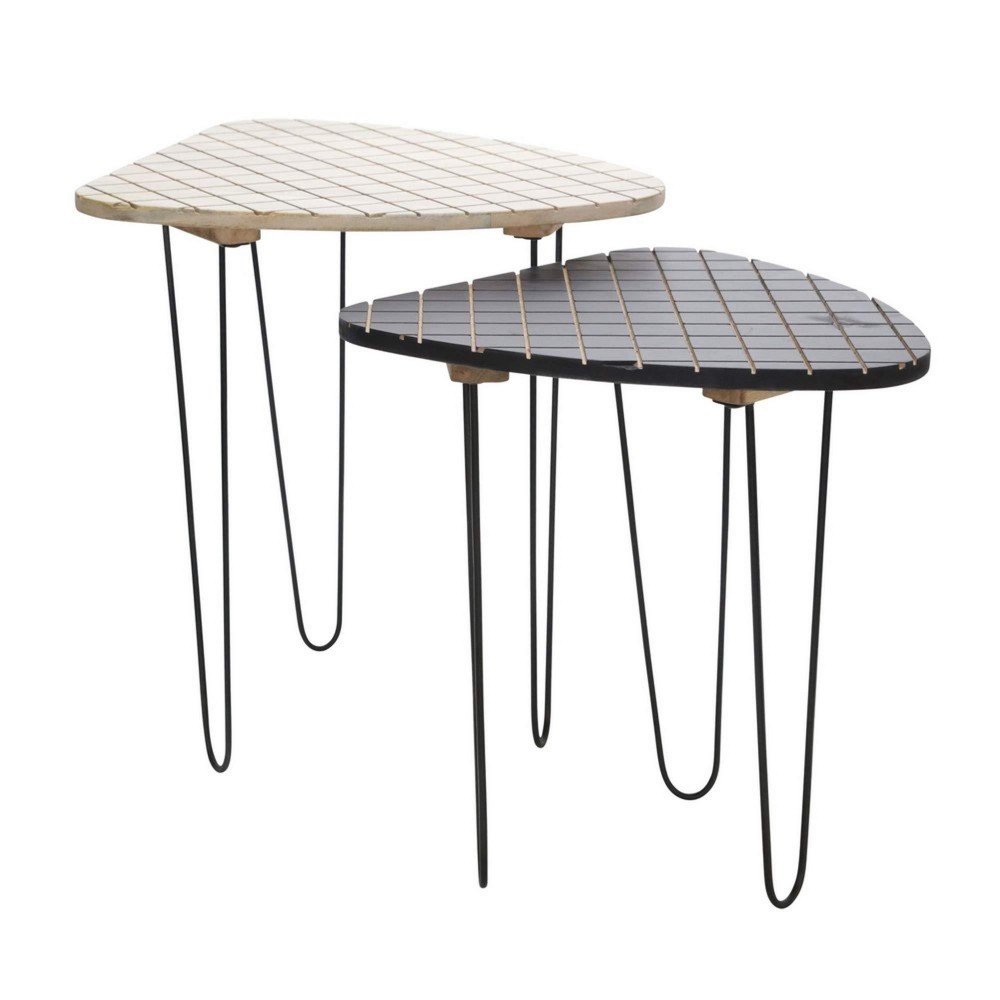 Benjara Checkered Wood Top Accent Table With Hairpin Legs, Set Of 2, Black, White