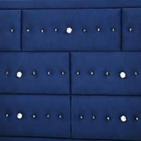 Benjara Velvet Upholstered 7 Drawer Wooden Dresser With Faux Crustal Knobs, Blue