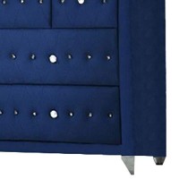 Benjara Velvet Upholstered 7 Drawer Wooden Dresser With Faux Crustal Knobs, Blue