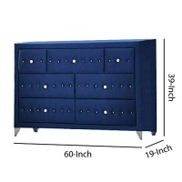 Benjara Velvet Upholstered 7 Drawer Wooden Dresser With Faux Crustal Knobs, Blue