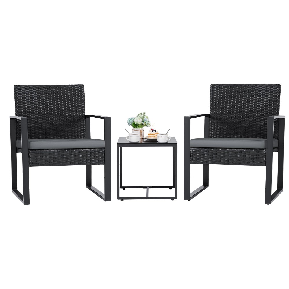 Flamaker 3 Pieces Patio Set Outdoor Wicker Furniture Modern Bistro Rattan Chair Conversation Sets With Coffee Table For Yard Gr