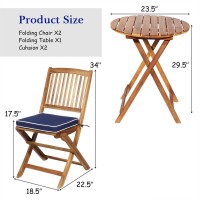 Tangkula 3 Pcs Patio Folding Bistro Set, Outdoor Acacia Wood Chair And Table Set W/Padded Cushion& Round Coffee Table, Ideal For Indoor Patio Poolside Garden (Navy Blue)