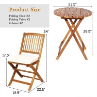 Tangkula 3 Pcs Patio Folding Bistro Set, Outdoor Acacia Wood Chair And Table Set W/Padded Cushion& Round Coffee Table, Ideal For Indoor Patio Poolside Garden (Cream)