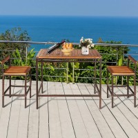 Tangkula 3 Pcs Patio Bar Table Set, Outdoor Rattan Bar Set Bistro Set With Acacia Wood Top, Wood Table Set With 2 Bar Chairs For Dining Room, Backyard, Patio And Balcony