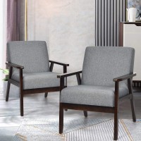 Giantex Set Of 2 Mid-Century Modern Accent Chair, Retro Fabric Armchair, Solid Hardwood Made, Upholstered Linen Lounge Arm Chair For Living Room (Dark Grey)