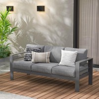 Wisteria Lane Patio Furniture Aluminum Sofa, All-Weather Outdoor 3 Seats Couch, Gray Metal Chair With Dark Grey Cushions