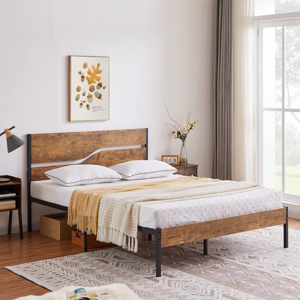 Vecelo Platform Bed Frame Queen Size With Rustic Vintage Wood Headboard, Mattress Foundation, Strong Metal Slats Support, No Box Spring Needed