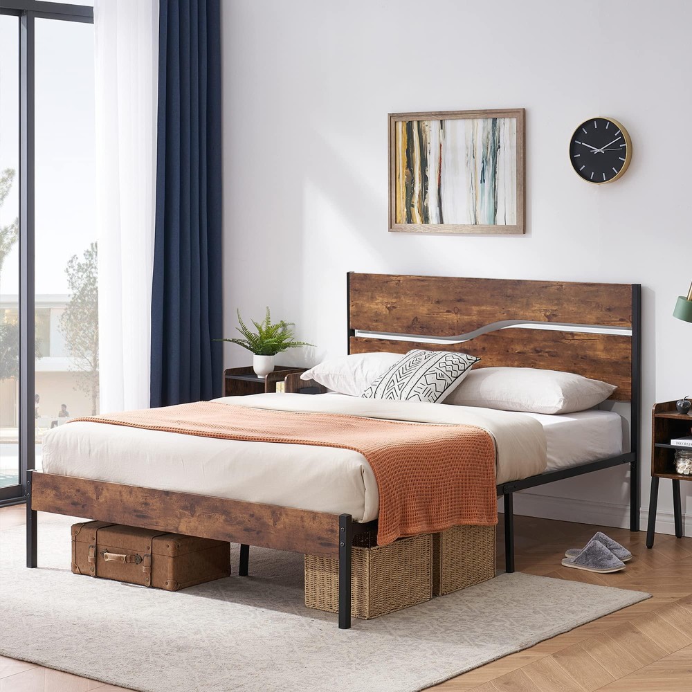 Vecelo Platform Bed Frame Full Size With Rustic Vintage Wood Headboard Mattress Foundation Strong Metal Slats Support No Box