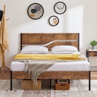 Vecelo Platform Bed Frame Full Size With Rustic Vintage Wood Headboard Mattress Foundation Strong Metal Slats Support No Box