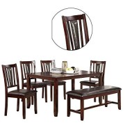 Benjara 6 Piece Wooden Dining Set With Leatherette Padded Chair And Bench, Brown