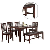 Benjara 6 Piece Wooden Dining Set With Leatherette Padded Chair And Bench, Brown